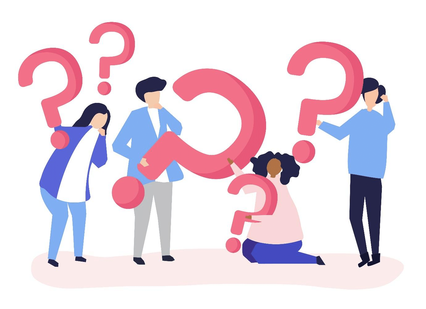 Infographic showing four people holding question mark signs
