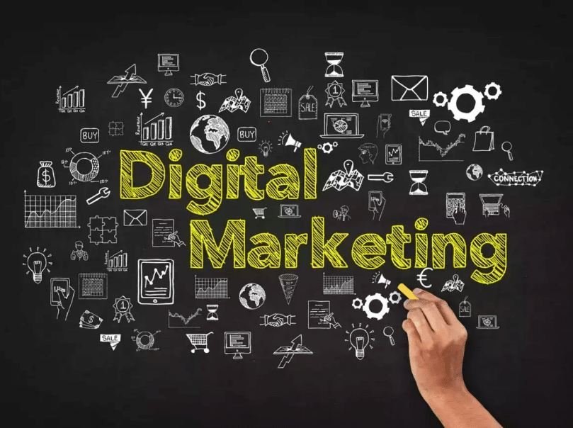 a hand writing digital marketing on aboard