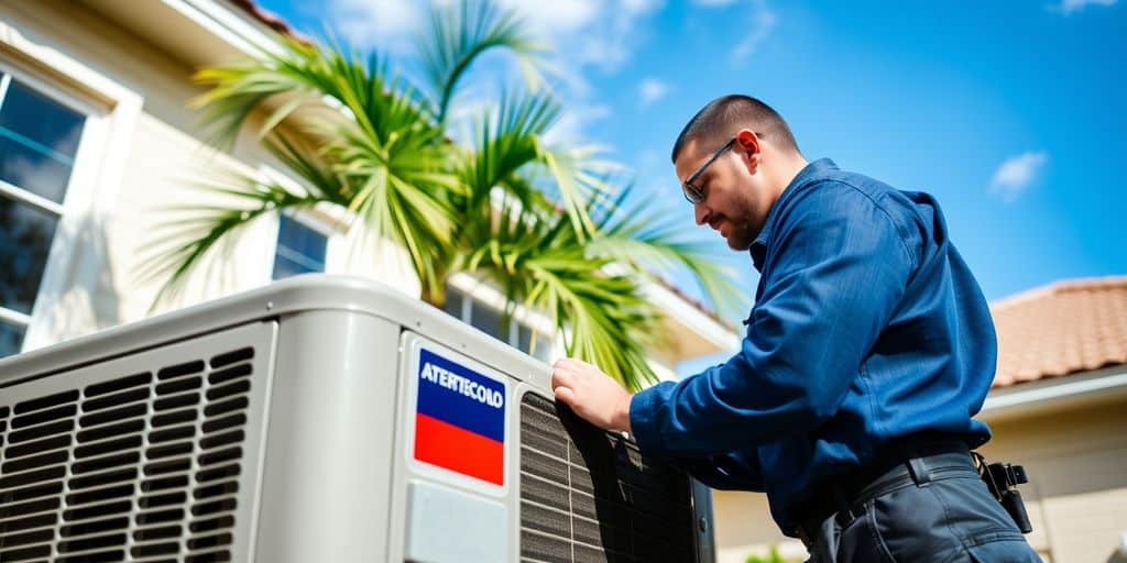 HVAC technician fixing AC unit outside Florida home